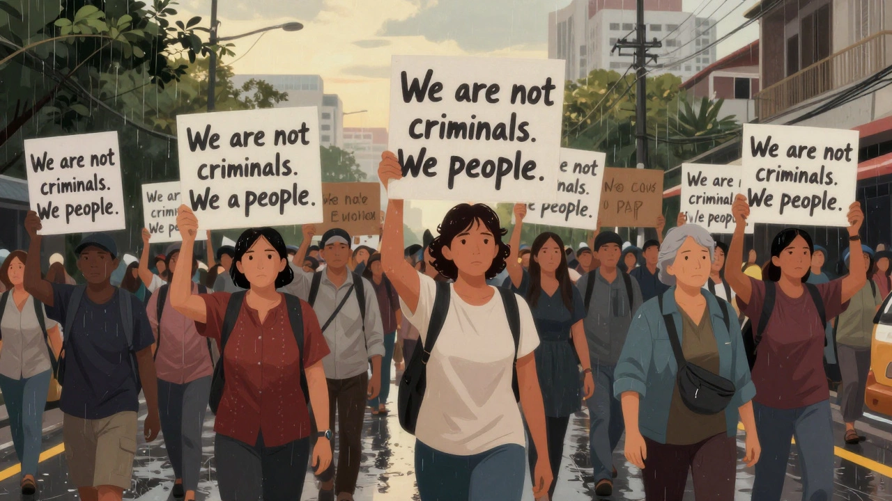 A diverse group of people march silently with signs declaring &#039;We are not criminals. We are people.&#039;