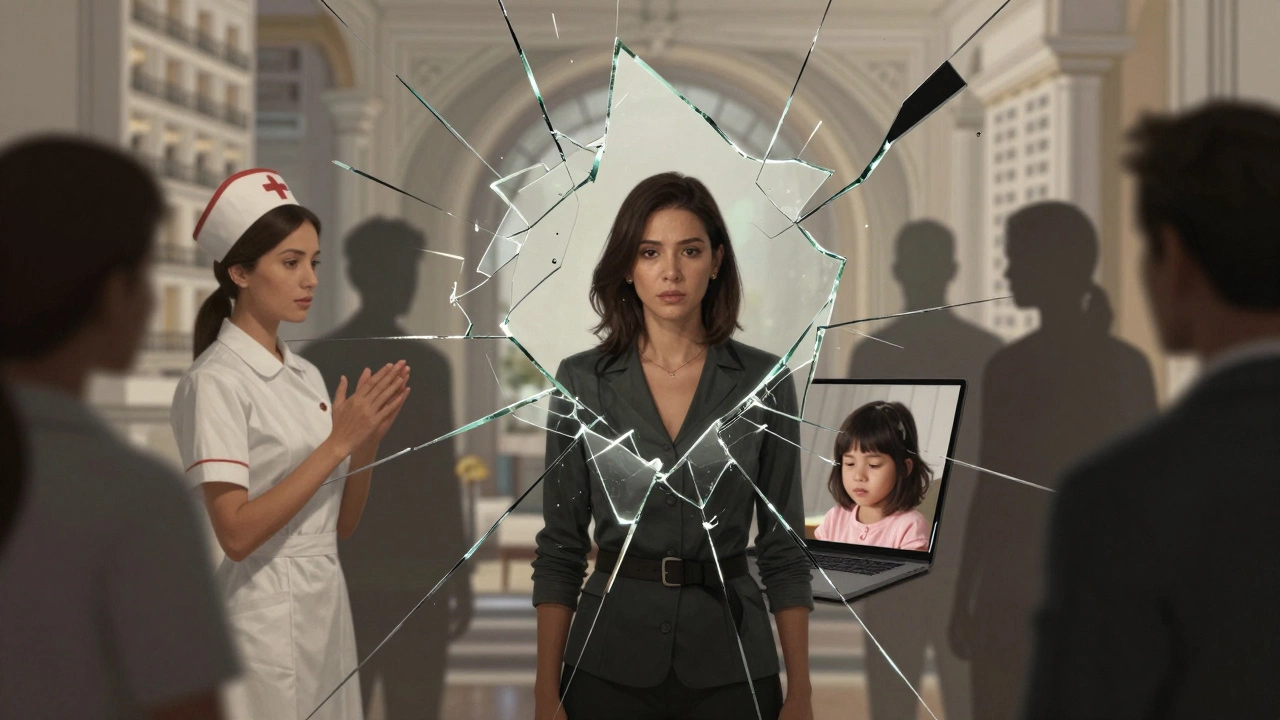 A woman at the center of a fractured mirror, reflecting her many roles and hidden humanity.