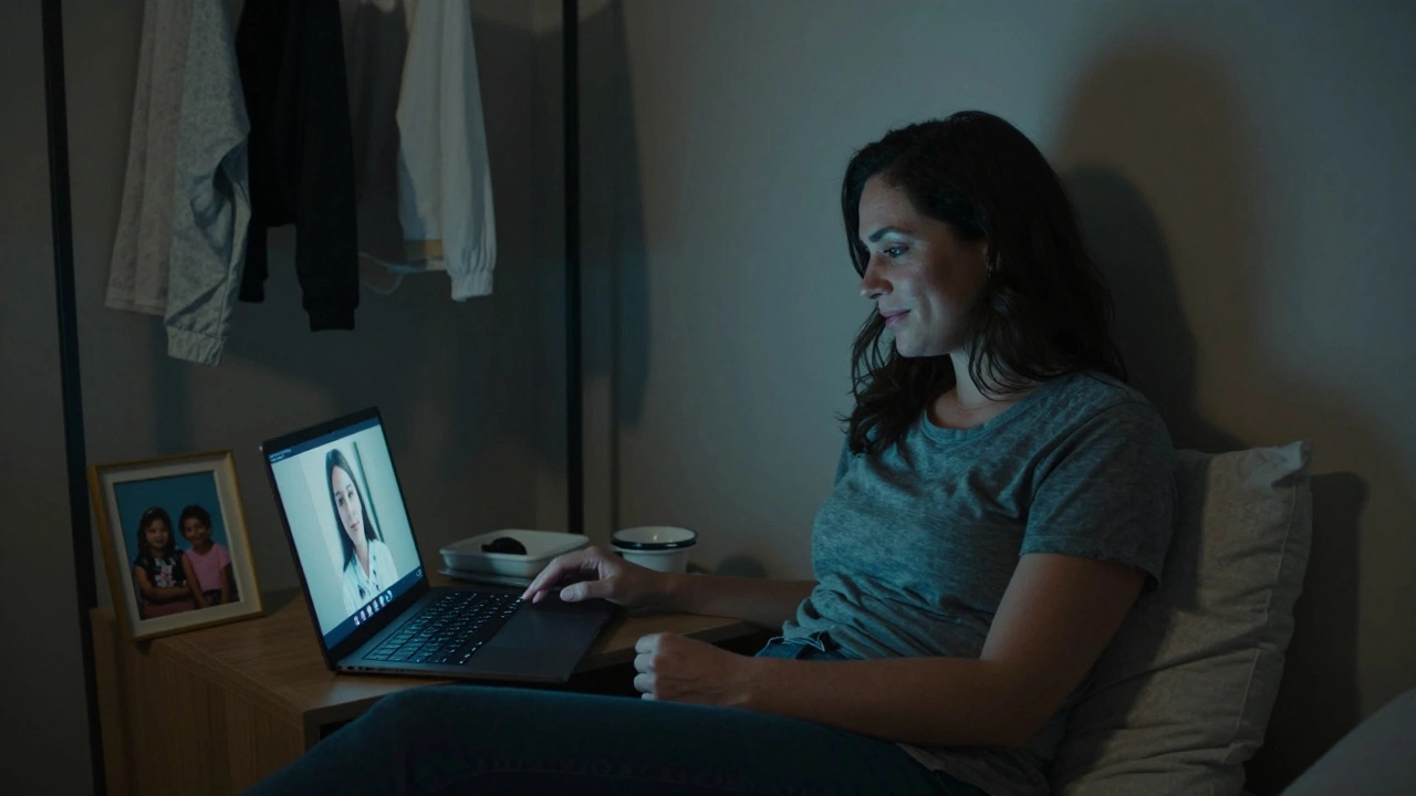 A woman on a video call in her modest apartment, soft blue light illuminating her face at night.
