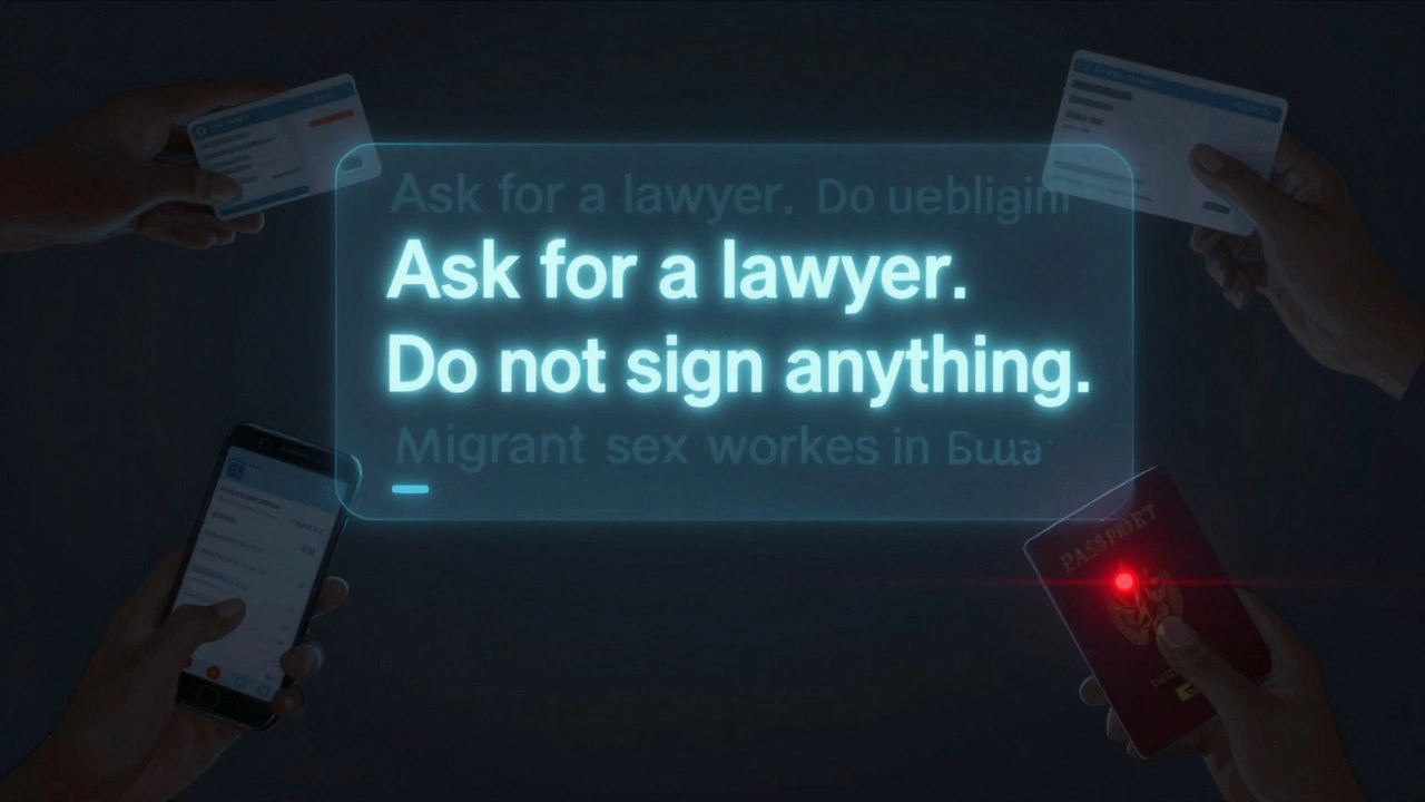 Faint holographic text in multiple languages floats in darkness, symbolizing secret safety guides for sex workers.